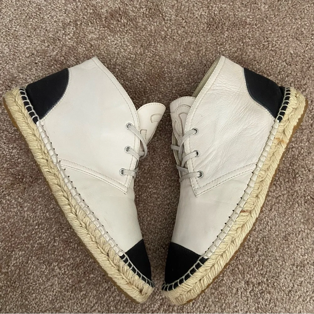 Chanel Two Tone Leather Canvas CC Logo Espadrille Lace Up High Top Sneakers